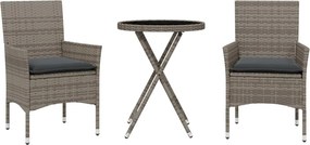 vidaXL 3 részes szürke polyrattan/üveg bisztrógarnitúra párnákkal