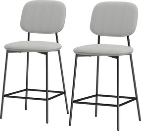 HOMCOM 2 db Bárszék Készlet Magas Konyhai Székek Háttámlával és Lábpihentetővel, Műanyag Velúrból, Acél Váz, Modern Magas Székek Konyhapulthoz Világos