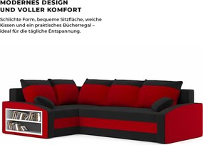 Grande sarokkanapé polcokkal , polc a bal karfaban, baloldali, szövet anyag, bonell töltet, fekete - piros