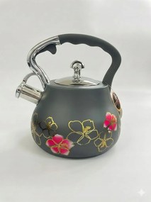 Vízforraló síppal 3 l szürke virágmintás, arany kontúrral, indukciós