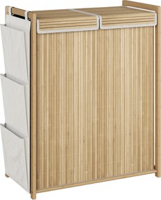 HOMCOM 120 l bambusz szennyeskosár fedéllel, 2 rekesz, levehető mosható zsinóros betétek, oldalzsebek, 63 x 33 x 78 cm, natúr | Aosom