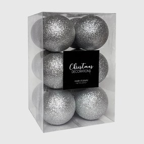 Ezüst glitteres műanyag karácsonyi gömb szett 12x6cm