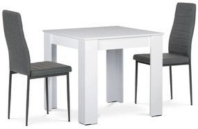 Jídelní set 1+2, stůl 80x80 cm, bílé lamino, židle šedá látka, šedý lak
