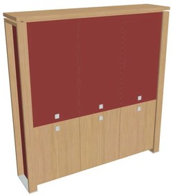 Verno+ S magas szekrény 200 x 46 x 210 cm, kombinált ajtó, világos tölgy / piros