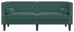 2 személyes sötétzöld bársony hengerpárnás Chesterfield kanapé