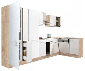 Yorki 370 sarok konyhabútor sonoma tölgy korpusz,selyemfényű fehér fronttal polcos szekrénnyel és alulfagyasztós hűtős szekrénnyel