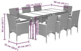 9részes szürke polyrattan/akácfa kerti étkezőgarnitúra párnával
