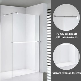 Stuxi Milano Plus Walk-in zuhanyfal, 100x200 cm, 8 mm vastag vízlepergető biztonsági üveggel, 200 cm magas, króm profillal és távtartóval