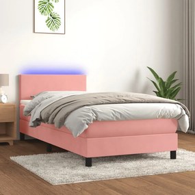 rózsaszín bársony rugós és LED-es ágy matraccal 90x190 cm