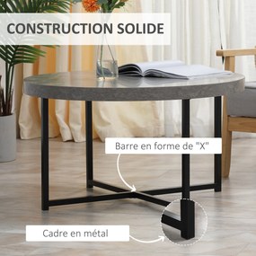 HOMCOM Kerek Kávzóasztal Waxolt Betonhatású Fával és Fémmel - Ø 80 x 45 cm - keresztlábak | Aosom