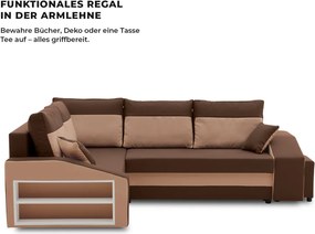 Grande sarokkanapé polcokkal és puffokkal , polc a bal karfaban puffok a jobb karfaban, baloldali, szövet anyag, bonell töltet, barna