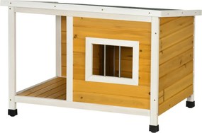 PawHut kutyaház verandával, nyíló tetővel, ablakkal, állítható lábakkal, természetes fa, narancs, fehér