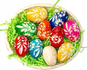 Faragott Nagy Tojás Gyönyörű Színes Fa Húsvéti tojások Kosárban 10 db