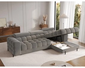 Szürkésbarna bársony kinyitható-tárolóhelyes sarokkanapé (jobb oldali-heverő résszel) Felro – ELTAP