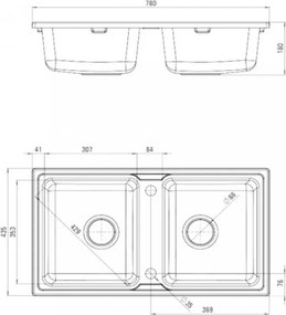 Tia szögletes két medencés gránit mosogató szifonnal fekete 780 × 435 mm