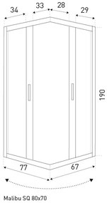 Malibu SQ 80x70 szögletes zuhanykabin zuhanytálca nélkül