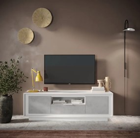 SKY 2.0 TV-szekrény 2 ajtóval és 1 fiókkal, fehér matt lakkozott vázzal, betonhatású laminált előlapokkal