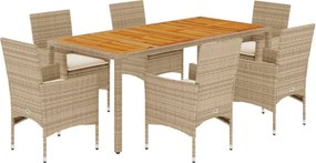 vidaXL 7 részes bézs polyrattan/akácfa kerti étkezőgarnitúra párnákkal
