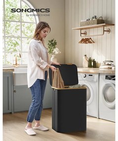 SONGMICS szennyeskosár fedéllel 130L, 2 rekeszes nagyméretű szennyes tartó, fekete