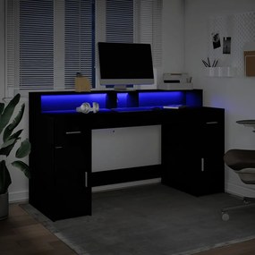 Fekete szerelt fa íróasztal LED-világítással 160 x 55 x 91 cm