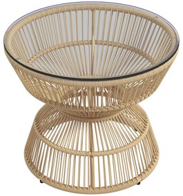 Kerek rattan kerti asztal, 60 cm átmérő, edzett üveg asztallappal