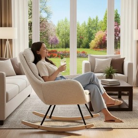 Hintaszék, relaxációs szék, szoptatós fotel kordbársony kárpitozással, krém-bézs színű