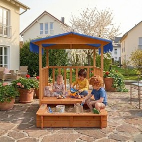 HAPPY verandás homokozó, 130x130x143cm, barna/kék Jurhan