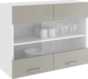 Karo 2 üvegajtós felső konyhaszekrény, Fényes szürke / Fehér, MDF, 80 x 30 x 60 cm