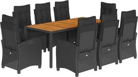 vidaXL 9 részes fekete polyrattan kerti étkezőgarnitúra párnákkal