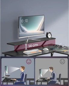 L alakú sarokíróasztal LED világítással, 4 konnektorral, 2 USB-porttal és monitorállvánnyal, 150 x 120 x 76 cm, fekete