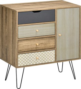 HOMCOM Tároló Szekrény 4 Fiókkal és 1 Szekrénnyel - Hajlított Lábak - Bohemian Stílus - 79 x 39 x 86 cm Barna | Aosom