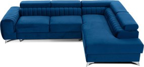 Kék bársony kinyitható-tárolóhelyes sarokkanapé (jobb oldali-L alakú) Laurence – ELTAP