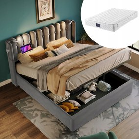 Franciaágy Kárpitozott ágy lámpa Díja 140x200 szürke+Matrac