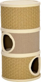 PawHut Kaparóhenger 70 cm Magas Ø 37.5 cm Háromszintes Macska Barlang Sisalkötéllel, Macskaodú, Kaparóoszlop Kismacskák számára, Khaki+Kávé | Aosom