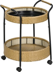 Outsunny Rattan Szervíz Kocsi 2 Polccal, Kerti Görgős Kocsi, Kerek Konyhai Kocsi Fogantyúkkal, Kültéri Bár Kocsi Erkélyhez, Acél Váz, Természetes, Φ50