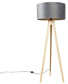 Állólámpa fa talppal, szürke szövetbúrával 50 cm - Tripod Classic