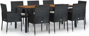 vidaXL 9 részes fekete polyrattan kerti étkezőgarnitúra párnákkal