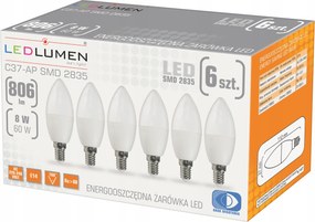 Led izzó E14 8W=60W Gyertya 806lm 3000K Meleg Prémium 160° 6 db-os szett