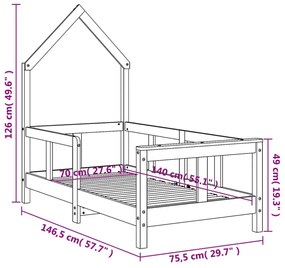 fekete tömör fenyőfa gyerekágykeret 70 x 140 cm