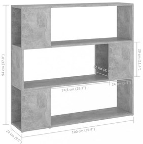 betonszürke szerelt fa térelválasztó könyvszekrény 100x24x94 cm