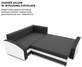 Grande sarokkanapé polcokkal , polc a jobb karfaban, baloldali, szövet anyag, bonell töltet, szürke - fehér