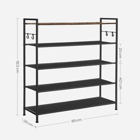 Cipőtartó 5 szintes, fém cipőtartó 20-25 pár cipőhöz, 29x89x92,5 cm, barna-fekete