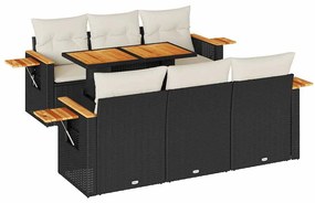 7 részes fekete polyrattan akácfa kerti ülőgarnitúra párnával