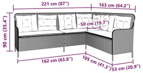 L-alakú fekete polyrattan kerti kanapé párnával