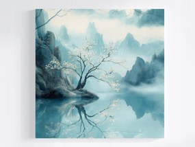 Vászonkép Canvas Tájkép Ázsia Japán Türkiz Hegyek Köd Sakura 80x80