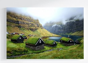 Vászonkép Canvas Tájkép Feröer-szigetek Hegyek Sziklák Házak Település 120x80