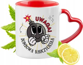 Piros bögre szív alakú füllel tanárnőnek ajándékba