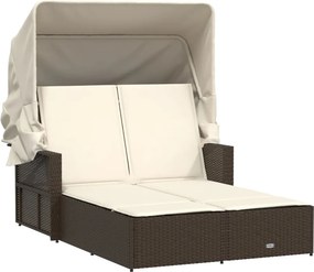 vidaXL barna polyrattan dupla napozóágy tetővel és párnával