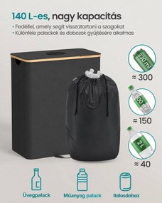 SONGMICS palackgyűjtő, 140 literes, bedobónyílásos fedéllel és kivehető belső zsákkal, fekete-bézs
