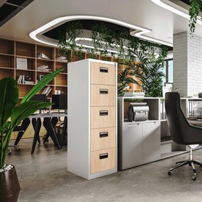 Fém irattartó szekrény, 5 fiókos SARA V5, 460 x 1630 x 620 mm, Eco Design: fehér/ sonoma tölgy